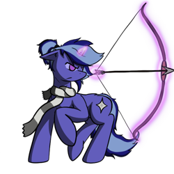 Size: 600x600 | Tagged: safe, artist:skydreams, edit, oc, oc only, oc:starshine, pony, unicorn, archery, bow, clothes, dungeons and dragons, female, glowing horn, horn, mare, pen and paper rpg, ponytail, ranger, rpg, scarf, simple background, solo, transparent background