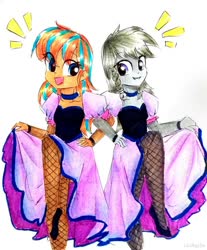 Size: 814x982 | Tagged: safe, artist:liaaqila, oc, oc only, oc:cold front, oc:disty, equestria girls, choker, clothes, commission, crossdressing, dancing, dress, equestria girls-ified, fishnets, gay, high heels, male, oc x oc, pantyhose, saloon dress, shipping, shoes, smiling