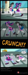 Size: 800x2114 | Tagged: safe, artist:niban-destikim, octavia melody, sci-twi, twilight sparkle, comic:a flatten luck, equestria girls, g4, accident, cartoon physics, comic, commission, crosswalk, crunch, dialogue, flattened, gasp, hieroglyphics, looking up, onomatopoeia, ouch, patreon, patreon logo, shadow, shape change, silly, sound effects, speech bubble, steam roller, stoplight, street, walking, wide eyes