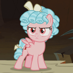 Size: 640x640 | Tagged: safe, screencap, cozy glow, lord tirek, centaur, pegasus, pony, frenemies (episode), g4, animated, better way to be bad, cozy glow is not amused, cozybetes, cozybuse, cropped, cute, disappointed, gif, offscreen character, pointing, shocked, unamused