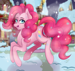Size: 1900x1800 | Tagged: safe, artist:ellynet, pinkie pie, earth pony, pony, g4, female, jumping, open mouth, ponyville, snow, snowfall, snowflake, solo, walking