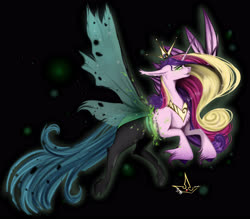 Size: 4000x3500 | Tagged: safe, artist:martazap3, princess cadance, queen chrysalis, alicorn, changeling, changeling queen, pegasus, pony, unicorn, g4, crown, dark background, dark magic, female, horn, jewelry, magic, regalia, solo, spoilers for another series, wings