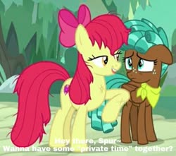 Size: 906x800 | Tagged: safe, edit, edited screencap, screencap, apple bloom, spur, earth pony, pony, g4, growing up is hard to do, caption, cropped, female, image macro, implied sex, lidded eyes, messy mane, older, older apple bloom, scratches, stupid sexy apple bloom, text