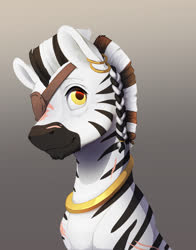 Size: 1155x1470 | Tagged: safe, artist:silfoe, oc, oc only, pony, zebra, bust, ear piercing, earring, eye scar, eyepatch, gray background, jewelry, piercing, scar, simple background, solo, zebra oc