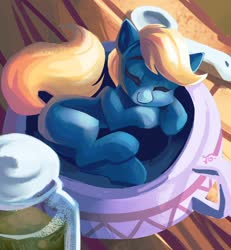 Size: 1600x1728 | Tagged: safe, artist:saxopi, oc, oc only, earth pony, pony, cup, sleeping, solo, spoon, teacup, tiny, tiny ponies