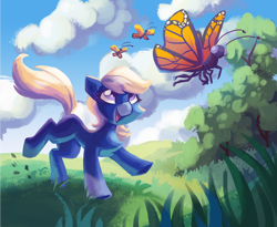 Size: 1600x1313 | Tagged: safe, artist:saxopi, oc, oc only, butterfly, earth pony, pony, scenery, solo, tree