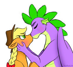 Size: 2833x2601 | Tagged: safe, artist:bella-pink-savage, applejack, spike, dragon, earth pony, pony, g4, blushing, bow, braid, bust, cute, duo, eyes closed, female, first kiss, hair bow, high res, interspecies, kiss on the lips, kissing, male, mare, older, older spike, profile, ship:applespike, shipping, simple background, straight, white background, winged spike, wings