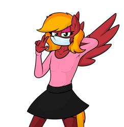 Size: 1239x1276 | Tagged: safe, artist:moonatik, oc, oc only, oc:moonatik, pegasus, anthro, clothes, crossdressing, eyeshadow, face mask, femboy, makeup, male, mask, peace sign, simple background, skirt, socks, solo, spread wings, surgical mask, sweater, transparent background, trap, wings
