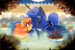 Size: 1125x750 | Tagged: safe, artist:oofycolorful, princess luna, oc, alicorn, pony, g4, bath, bedroom eyes, blushing, canon x oc, duo, eye contact, female, hot springs, lesbian, looking at each other, looking down, mare, partially submerged, romantic, shipping, smiling, spread wings, wet mane, wings