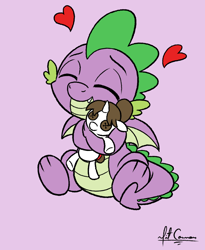 Size: 1030x1255 | Tagged: safe, artist:mitconnors, raven, spike, dragon, pony, unicorn, g4, birthday gift, cute, female, gift art, heart, hug, interspecies, male, older, older spike, plushie, ship:ravenspike, shipping, simple background, smiling, spikabetes, spikelove, straight, winged spike, wings