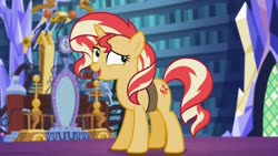 Size: 1280x720 | Tagged: safe, screencap, sunset shimmer, pony, unicorn, equestria girls, equestria girls specials, g4, mirror magic, awkward smile, bag, bookshelf, cute, embarrassed, female, looking at someone, mare, raised eyebrow, returning, shimmerbetes, smiling, solo, talking, twilight's castle