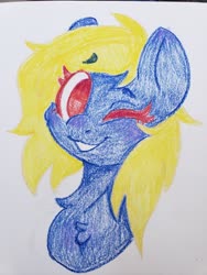 Size: 4032x3024 | Tagged: safe, artist:ruef, oc, oc only, oc:naveen numbers, pegasus, pony, chest fluff, crayon drawing, one eye closed, solo, traditional art, wink