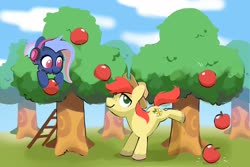 Size: 1800x1200 | Tagged: safe, artist:dawnfire, bright mac, oc, oc:bit rate, earth pony, pony, g4, apple, apple tree, bucking, female, food, hat, headphones, ladder, looking at you, male, mare, smiling, stallion, tree