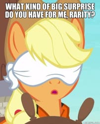 Size: 600x741 | Tagged: safe, edit, edited screencap, screencap, applejack, earth pony, pony, g4, ppov, blindfold, caption, cropped, female, image macro, implied rarity, memeful.com, solo, text