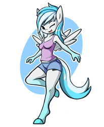 Size: 982x1200 | Tagged: safe, artist:karat3l, oc, oc only, pegasus, anthro, unguligrade anthro, armpits, blue eyes, breasts, clothes, denim shorts, exposed pockets, female, looking at you, mare, one eye closed, open mouth, shorts, smiling, solo, spread wings, tank top, wings, wink, winking at you, ych result