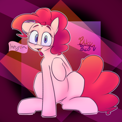 Size: 3500x3500 | Tagged: safe, artist:packy paca, pinkie pie, earth pony, pony, g4, abstract background, female, heart, high res, looking at you, mare, sitting, solo, text