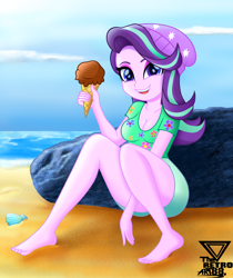 Size: 2200x2619 | Tagged: safe, artist:theretroart88, starlight glimmer, human, equestria girls, g4, adorasexy, arm between legs, barefoot, beach, beanie, beautiful, board shorts, breasts, busty starlight glimmer, clam, cleavage, clothes, cloud, cute, eyebrows, feet, female, food, glimmerbetes, happy, hat, high res, ice cream, ice cream cone, legs, looking at you, multicolored hair, ocean, open mouth, open smile, purple skin, rock, sand, seashell, sexy, shirt, shorts, sitting, smiling, smiling at you, snow cone, solo, sultry pose, t-shirt, that human sure does love ice cream, that pony sure does love ice cream, water, watermark