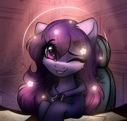 Size: 2000x1906 | Tagged: safe, artist:radioaxi, oc, oc only, oc:share dast, pony, chair, clothes, cute, desk, eye clipping through hair, female, gift art, hoodie, looking at you, mare, one eye closed, sitting, smiling, solo