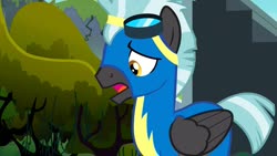 Size: 1280x720 | Tagged: safe, screencap, thunderlane, pegasus, pony, g4, marks and recreation, clothes, folded wings, goggles, male, solo, stallion, uniform, wings, wonderbolts, wonderbolts uniform