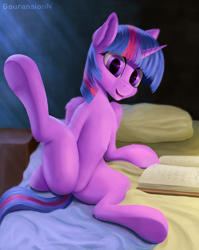 Size: 1074x1351 | Tagged: dead source, safe, artist:foxpit, twilight sparkle, alicorn, pony, g4, bed, book, butt, chest fluff, featureless crotch, female, looking at you, mare, pillow, plot, solo, spreading, twilight sparkle (alicorn), wings