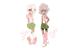 Size: 1800x1200 | Tagged: safe, artist:sarahostervig, oc, oc:bloom, oc:blossom, equestria girls, g4, arm behind back, clothes, dark skin, duo, equestria girls-ified, eyelashes, female, flower, flower in hair, hair over one eye, hand on hip, simple background, skirt, transparent background