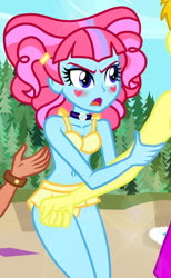 Size: 364x592 | Tagged: safe, artist:dieart77, edit, kiwi lollipop, timber spruce, oc, oc:heat blitz, equestria girls, equestria girls specials, g4, my little pony equestria girls: better together, my little pony equestria girls: sunset's backstage pass, arm grab, beach, belly button, bikini, blushing, choker, clothes, cropped, female, heart, k-lo, legs, male, offscreen character, pink hair, shipping, straight, swimsuit, water