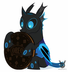 Size: 1286x1369 | Tagged: safe, alternate version, artist:wheatley r.h., derpibooru exclusive, oc, oc only, oc:w. rhinestone eyes, changeling, honeypot changeling, bat wings, blue changeling, changeling oc, cookie, folded wings, food, giant cookie, happy, holding, oreo, simple background, solo, vector, watermark, white background, wings