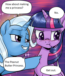 Size: 524x614 | Tagged: safe, artist:pencils, edit, trixie, twilight sparkle, alicorn, pony, unicorn, g4, :t, chest fluff, cropped, duo, get out, hoof on chest, princess, puffy cheeks, rejection, shit eating grin, twilight sparkle (alicorn)