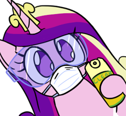 Size: 303x280 | Tagged: safe, artist:jargon scott, princess cadance, alicorn, pony, g4, bye anon, coronavirus, covid-19, disinfectant spray, face mask, female, hi anon, looking at you, mare, meme, safety goggles, simple background, solo, spray can, white background