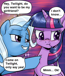 Size: 524x614 | Tagged: safe, artist:pencils, edit, trixie, twilight sparkle, alicorn, pony, unicorn, g4, asking out, blushing, cropped, dialogue, duo, female, hoof on chest, implied girlfriend, lesbian, mare, persuasion, puffy cheeks, ship:twixie, shipping, shit eating grin, twilight sparkle (alicorn)
