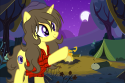 Size: 931x619 | Tagged: safe, artist:rioshi, artist:starshade, oc, oc only, oc:astral flare, pony, unicorn, g4, adorkable, beanie, campfire, camping, cute, cutie mark, dork, eyeshadow, female, flannel, forest, hat, heart, heart eyes, hooves, makeup, mare, moon, smiling, stars, tent, wingding eyes