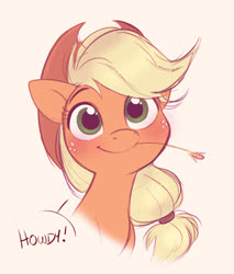 Size: 1529x1794 | Tagged: safe, artist:imalou, applejack, earth pony, pony, 4chan, applejack's hat, blushing, bust, cowboy hat, cute, dialogue, drawthread, female, hat, howdy, jackabetes, looking at you, mare, portrait, simple background, smiling, solo, speech bubble, straw in mouth, white background
