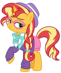 Size: 1024x1220 | Tagged: safe, alternate version, artist:emeraldblast63, sunset shimmer, pony, unicorn, fake it 'til you make it, g4, clothes, clothes swap, fedora, female, glasses, hat, hipster, mare, scarf, shirt, shorts, simple background, solo, sweater, transparent background, vector