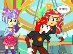 Size: 1074x792 | Tagged: safe, alternate version, artist:dieart77, sunset shimmer, supernova zap, oc, oc:eternal flames, equestria girls, equestria girls specials, g4, my little pony equestria girls: better together, my little pony equestria girls: sunset's backstage pass, angry, bench, black shirt, blue eyes, blushing, canon x oc, clothes, cloud, commission, cute, dialogue, eye, eyes, female, ferris wheel, fighting over boy, hair, heart, hug, jacket, jealous, light skin, love, male, muscles, nervous, pants, patreon, patreon logo, red hair, romantic, scene, shipping, skirt, sky, speech bubble, stars, su-z, sunseternal, sweater, worried, zettai ryouiki