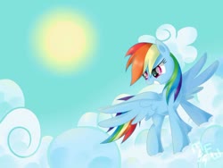 Size: 1024x769 | Tagged: safe, artist:wavecipher, rainbow dash, pegasus, pony, g4, cloud, female, mare, on a cloud, sky, smiling, solo, spread wings, sun, wings