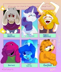 Size: 861x1024 | Tagged: safe, artist:mooeylittle, rarity, cat, dinosaur, gem (race), goat, pony, tyrannosaurus rex, unicorn, anthro, g4, anthro with ponies, asgore dreemurr, barney the dinosaur, blush sticker, blushing, bust, crossover, crying, eyes closed, female, flower-like alien, garfield, lapis lazuli (steven universe), male, mare, one eye closed, out of frame, six fanarts, smiling, spoilers for another series, steven universe, steven universe future, toriel, undertale, wink
