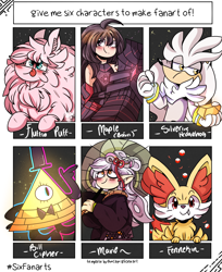 Size: 2450x3000 | Tagged: safe, artist:jxst-starly, oc, oc only, oc:fluffle puff, earth pony, fennekin, hedgehog, human, pony, anthro, :p, anthro with ponies, bill cipher, blushing, bowtie, chest fluff, crossover, ear fluff, earth pony oc, female, fluffy, gravity falls, hat, high res, male, mare, pokémon, silver the hedgehog, six fanarts, sonic the hedgehog, sonic the hedgehog (series), tongue out, top hat