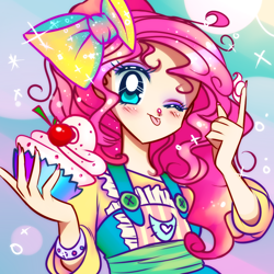 Size: 1000x1000 | Tagged: safe, artist:lelittleluna, pinkie pie, human, g4, :p, anime, apron, blushing, bow, bust, clothes, cupcake, cute, diapinkes, female, food, frosting, hair bow, humanized, looking at you, nail polish, one eye closed, sailor moon (series), solo, tongue out, wink