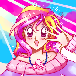 Size: 1000x1000 | Tagged: safe, artist:lelittleluna, princess cadance, human, g4, anime, blushing, bust, clothes, cute, cutedance, female, humanized, jewelry, looking at you, necklace, off shoulder, off shoulder sweater, open mouth, sailor moon (series), solo, sweater