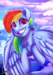 Size: 1600x2263 | Tagged: safe, artist:paintcoloryt, rainbow dash, pegasus, pony, g4, chest fluff, cloud, deviantart watermark, female, mare, obtrusive watermark, sky, smiling, solo, watermark