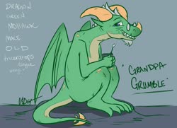 Size: 2990x2160 | Tagged: safe, artist:cadetredshirt, oc, oc only, oc:grandpa grumble, dragon, claws, coffe mug, coffee cup, cup, dragon oc, dragon wings, facial hair, glasses, goatee, green dragon, high res, horns, male, older, scales, smiling, solo, wings