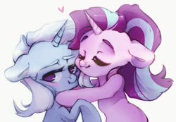 Size: 1227x850 | Tagged: safe, artist:angrygem, starlight glimmer, trixie, pony, unicorn, g4, blushing, cute, female, hug, lesbian, mare, ship:startrix, shipping