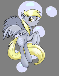 Size: 2333x3000 | Tagged: safe, artist:dreamynart, derpy hooves, pegasus, pony, g4, blushing, bubble, cute, derpabetes, design, female, gray background, high res, mare, shirt design, simple background, solo