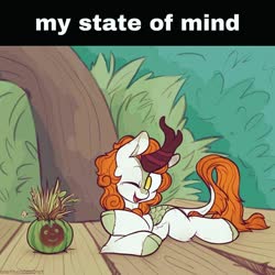 Size: 640x640 | Tagged: safe, artist:anotherdeadrat, edit, autumn blaze, kirin, g4, awwtumn blaze, cute, female, looking at something, lying down, my state of mind, one eye closed, solo, wink