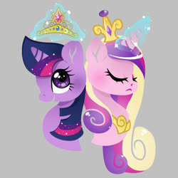 Size: 1000x1000 | Tagged: safe, artist:princess-ni-ni, princess cadance, twilight sparkle, pony, g4, big crown thingy, bust, crown, duo, element of magic, eyes closed, female, gray background, jewelry, magic, mare, open mouth, portrait, profile, regalia, simple background, sisters-in-law, telekinesis
