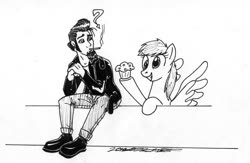 Size: 900x585 | Tagged: safe, artist:sketchywolf-13, derpy hooves, oc, oc:sketchy, human, pegasus, pony, g4, 2012, cigarette, clothes, food, jacket, leather jacket, muffin, smoking, traditional art, wings