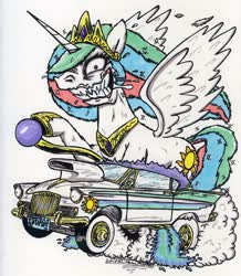 Size: 892x1025 | Tagged: safe, artist:sketchywolf-13, princess celestia, alicorn, pony, g4, 2012, car, collar, crown, cutie mark, female, fire, horn, jewelry, mare, rat fink, regalia, sharp teeth, sidepipes, simple background, smoke, solo, sunbeam (car), teeth, traditional art, white background, wings