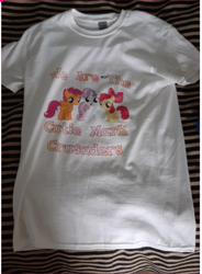 Size: 661x896 | Tagged: safe, apple bloom, scootaloo, sweetie belle, earth pony, pegasus, pony, unicorn, g4, clothes, cutie mark crusaders, irl, photo, shirt, t-shirt