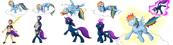 Size: 3250x850 | Tagged: safe, artist:tomek1000, rainbow dash, oc, oc:thunder glade, human, pegasus, pony, unicorn, g4, cloud, disappearing clothes, glowing horn, grin, horn, human to pony, laughing, levitation, magic, on a cloud, rainbow douche, revenge, self-levitation, smiling, smirk, telekinesis, transformation, transformation sequence, unicorn oc, zapped