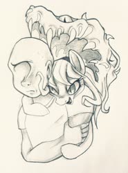 Size: 2131x2874 | Tagged: safe, artist:smirk, oc, oc only, oc:amber rose (thingpone), oc:anon, oc:thingpone, alien, human, body horror, duo, eldritch abomination, high res, monochrome, over shoulder, pencil drawing, traditional art
